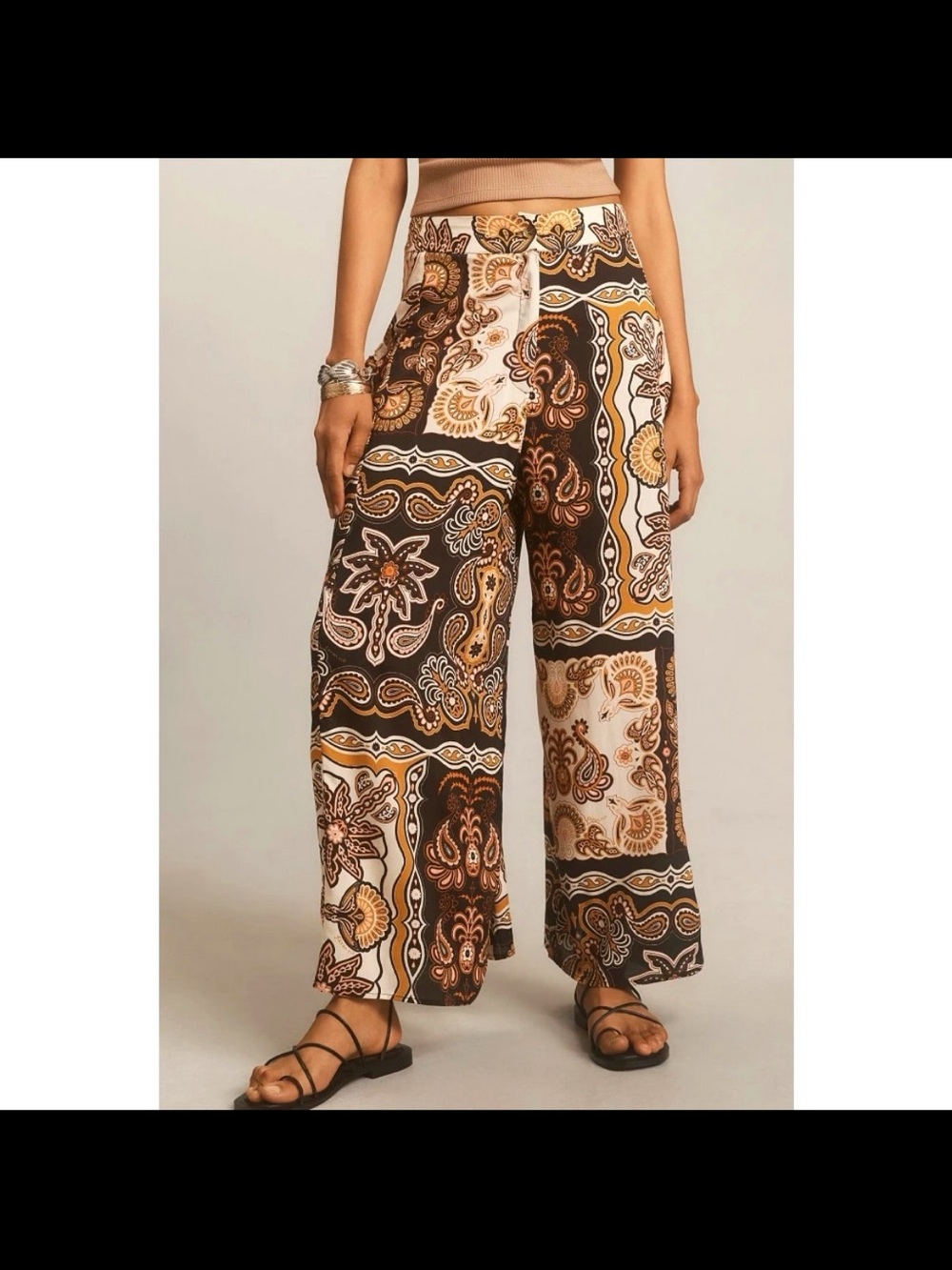 FARM Rio Brown & Cream Patchwork Paisley Wide Leg Pants